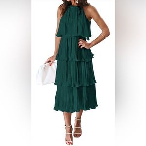 Sleeveless Halter Neck Ruffle Tiered Layered Chiffon Flowy Swing Long Midi Dress